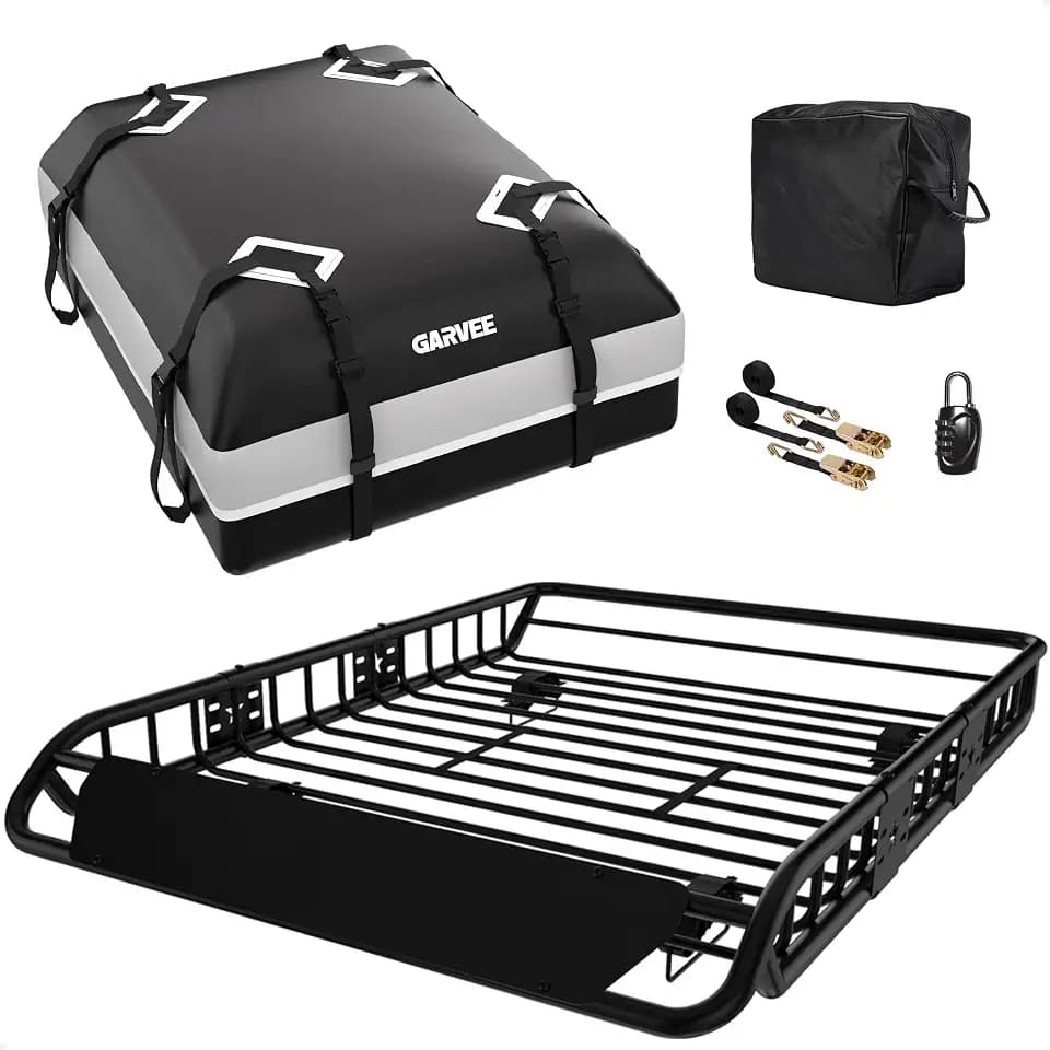 Garvee 54" x 39" Universal Roof Rack Basket, 200 Lbs Capacity Rooftop Cargo Carrier Basket with 15 Cubic Feet (44" x 34" x 17") Waterproof Luggage Bag, for Suvs, Trucks, Vehicles