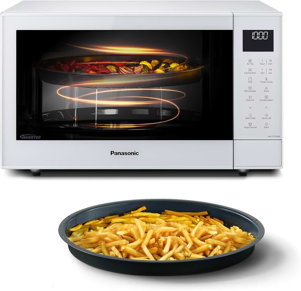 Panasonic NN-CT55RWEPG Kombi Mikrowelle 27L mit Airfryer, Inverter, Weiß | 27L Kombi Mikrowelle 4-in-1 mit Airfryer, Umluft, Grill 1300W, Mikrowelle 1000W, Inverter, 19 Automatikprogramme, Weiß