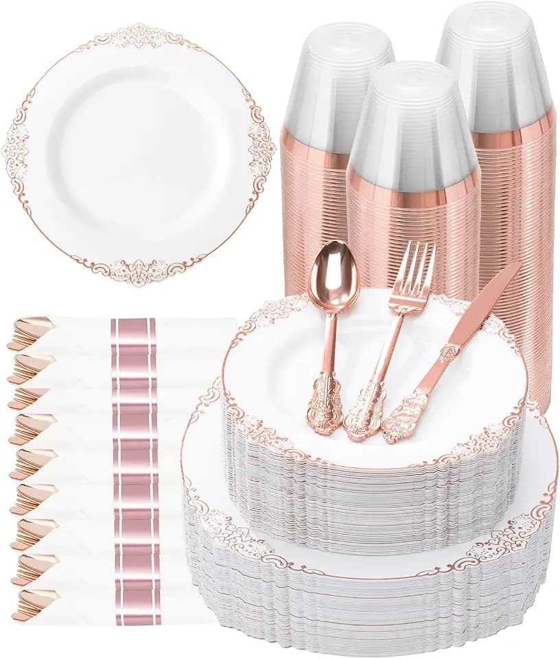 Goodluck 350 Piece Rose Gold Plastic Dinnerware Set for 50 Guests