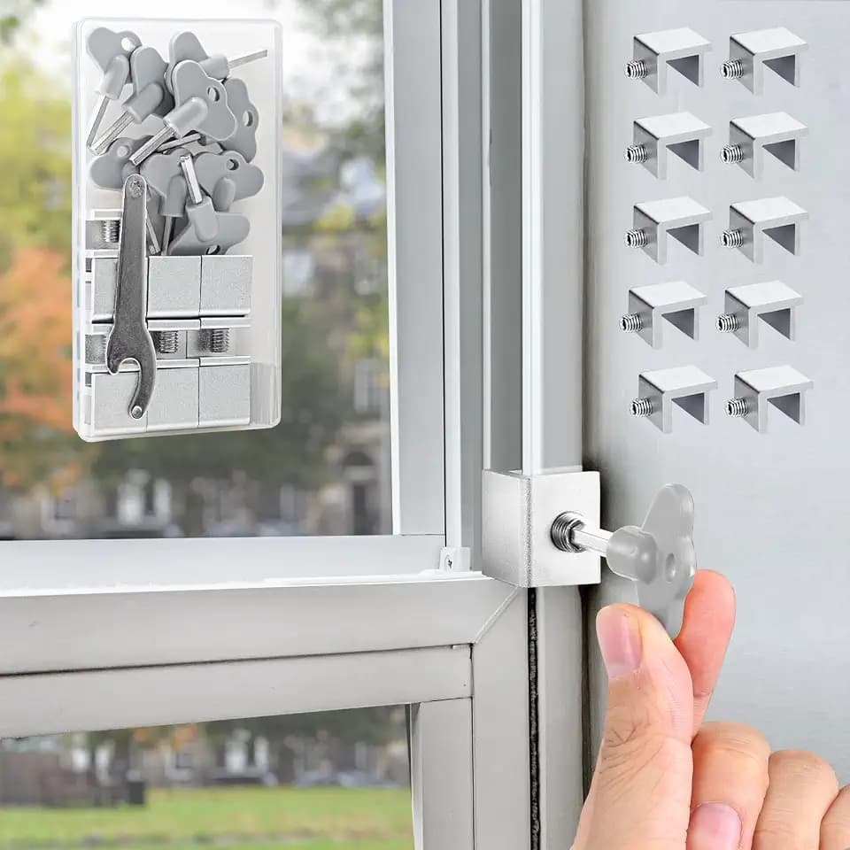 [10 Sets] Sliding Window Lock with Key Aluminum Alloy Adjustable Security Lock (Silver) Single Hole Quick Installation Anti-Theft and Anti-Theft Suitable for Vertical/Horizontal Windows