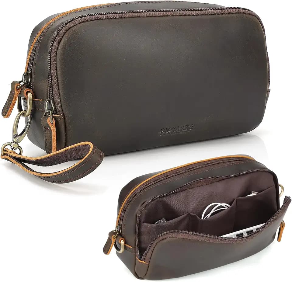 Polare Leather Travel Electronics Organizer Case Cable Storage Carry Bag