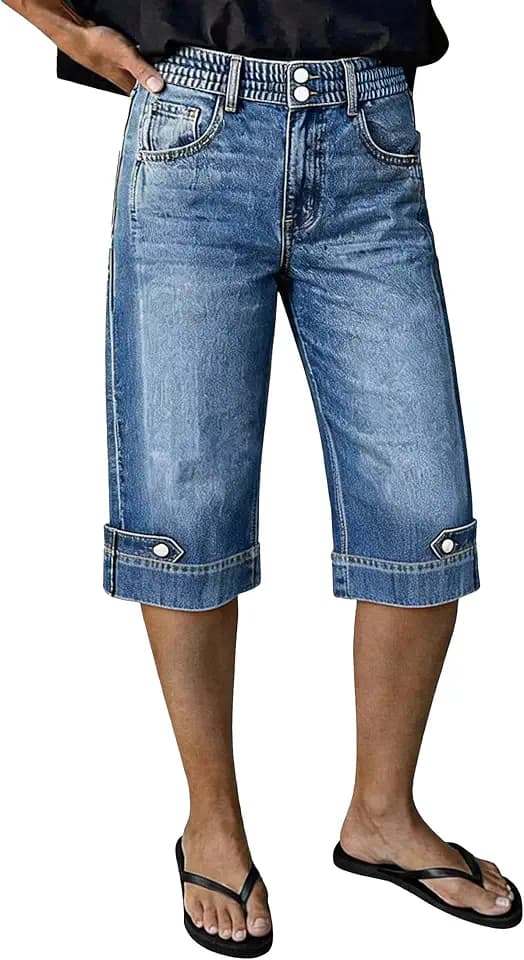 Flamingals Womens High Waist Barrel Leg Capri Jeans