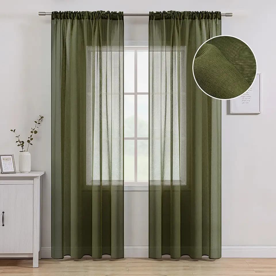MIULEE Olive Green Linen Textured Semi-Sheer Curtains 54W×84L 2 Panels