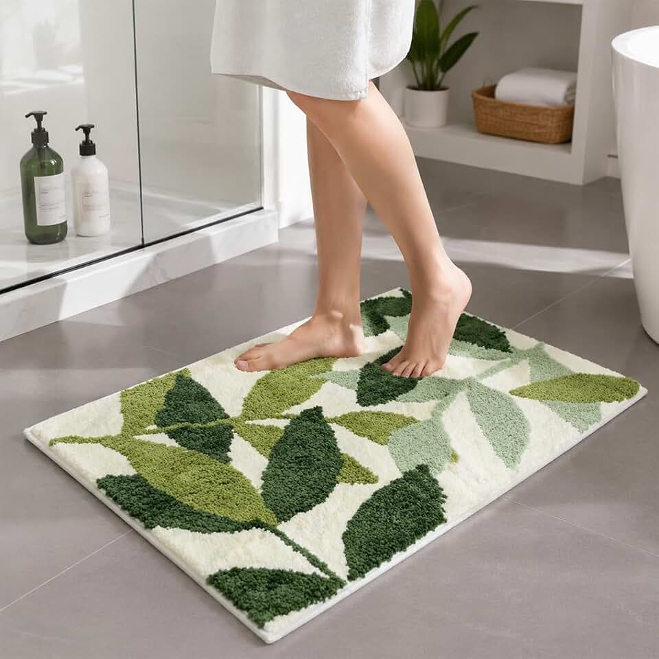 Morbuy Badematte, saugfähig, rutschfest, langflorig, aus Mikrofaser, extra weich, maschinenwaschbar, für Bad, Dusche und Badezimmer, Schlafzimmer, 50 x 80 cm, grünes Blatt