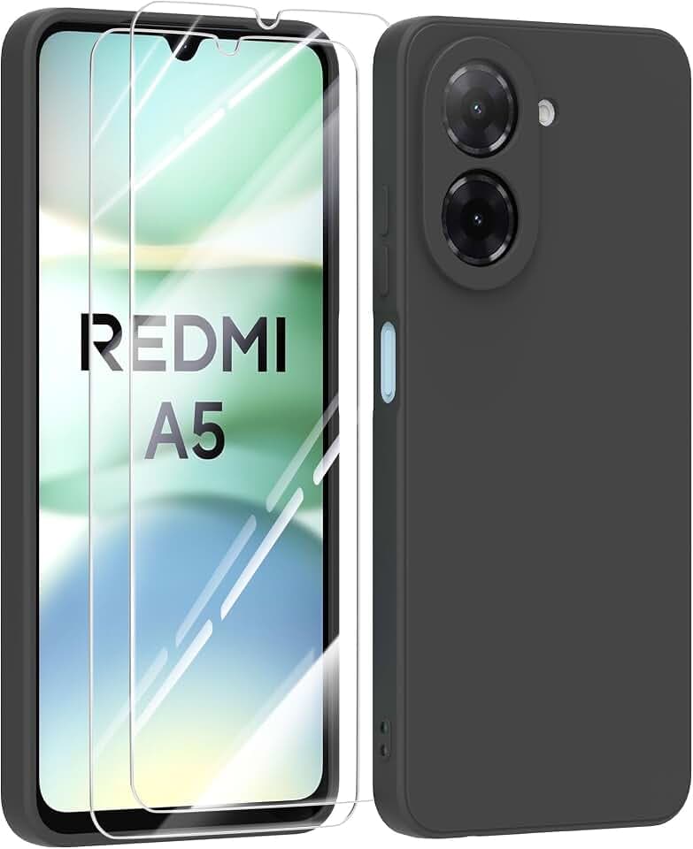 Hülle für Xiaomi Redmi A5 4G HandyHülle + 2 Stück Schutzfolie,Dünn Weiche Liquid Silikon TPU Stoßfeste Schutzhülle mit Microfiber Case - Schwarz
