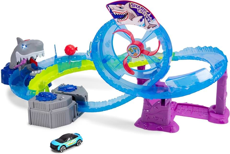 Dickie Toys - Auto-Rennbahn White Shark (50x55x32 cm) inkl. Spielzeugauto aus Metall - motorisierte Hai-Autobahn mit Looping, Licht & Sound, Spielzeug für Kinder ab 3 Jahre