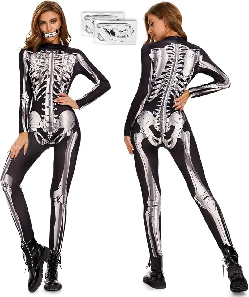 FORMIZON Halloween Skelett Anzug Damen, Jumpsuit Skelett Damen, Sexy Gruselig Skelett Body Damen, Halloween Kostüm Damen Skelett für Halloween, Kostümparty, Rollenspiel, Cosplay