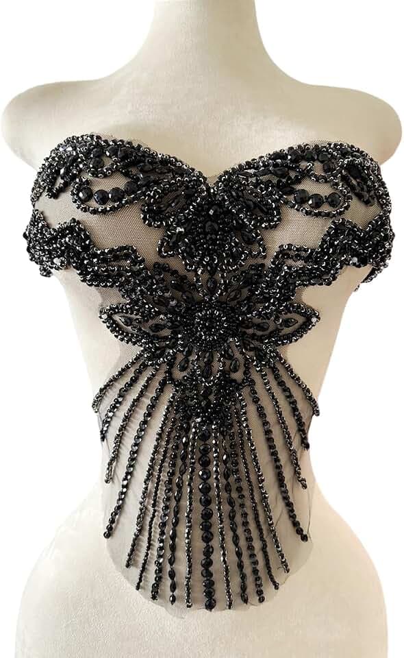 Pure Handmade Bodice lace Rhinestones Applique Sewing Stones Beads Crystal Trimming Patches Accessories for Weding Dress Decorations 16X13.7inches (Black)