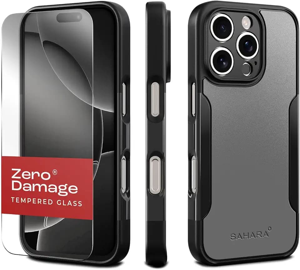 Sahara Classic iPhone 16 Pro Max Case with Screen Protector - Compatible with Apple Magsafe, Heavy-Duty Protective Cases, Yet Slim and Thin, Magnetic Back, with Camera Cover Lens Hood, Black/Gray