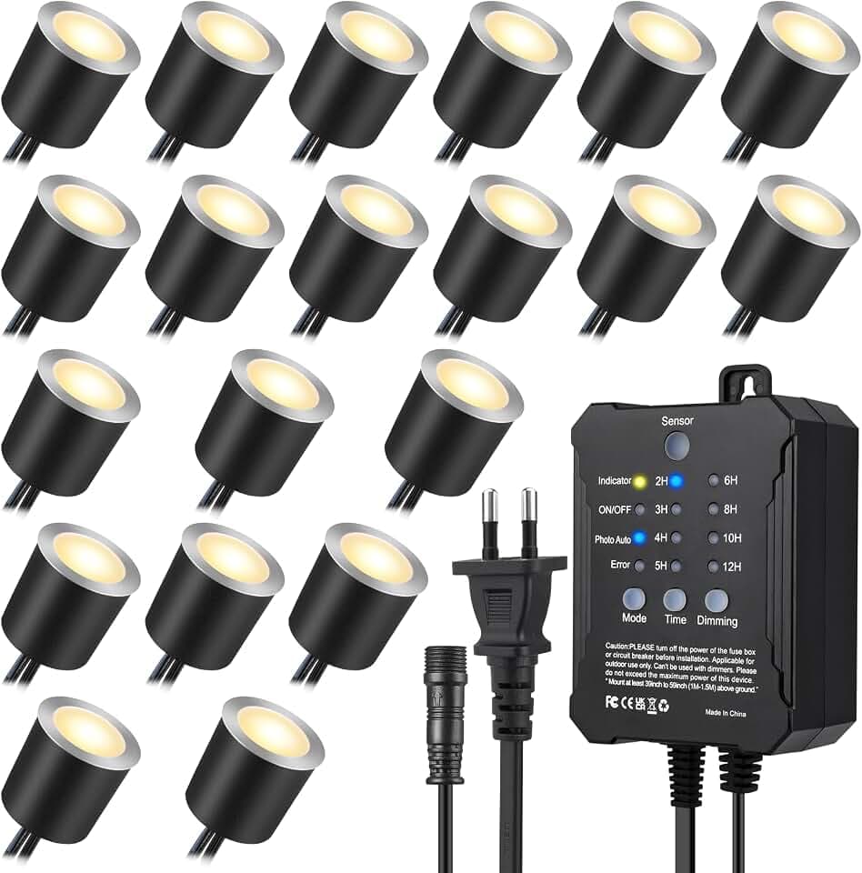 SMY Lighting 20er Dimmbare Terrassen Einbaustrahler Warmweiß, mit Timing und Fotozellensensor, Ø32mm 12V 0,6W Bodeneinbaustrahler Wasserdicht für Garten Holzbrücke Balkon Gehweg, mit Schutzgehäuse‌