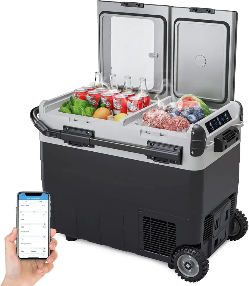 Garvee 53QT (50L) Car Refrigerator, 12V Portable Fridge Freezer for Car, -4℉-68℉, App Control, Fast Cooling, Dual Zone, Auto Cooler with Wheels for SUV Camping, Truck, RV, Travel, Road Trip