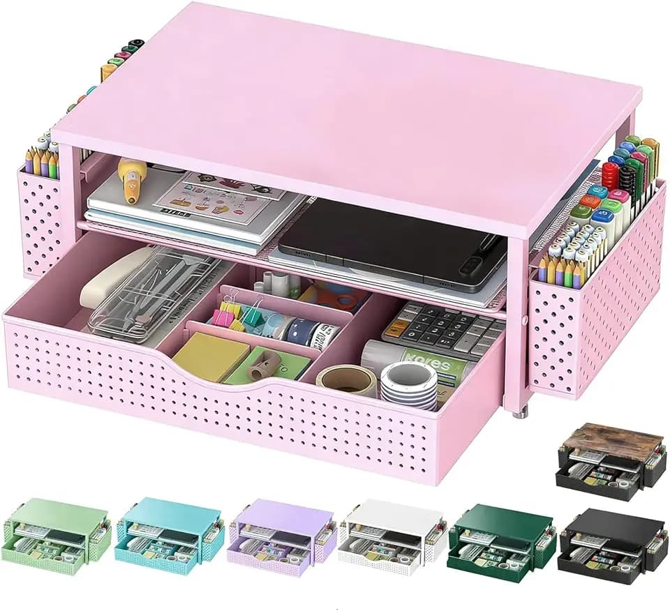 Spacrea Computer Monitor Stand with Drawer and 2 Pen Holders, Pink