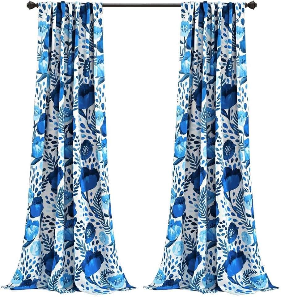 Lush Decor, Blue Poppy Garden Curtains Light Filtering Window Panel Set for Living, Dining, Bedroom (Pair) 95” x 52"