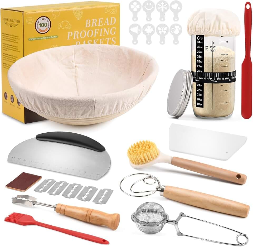 Sauerteig Starter Set Komplettset, Gärkorb Rund Rattan, Brotbacken Set