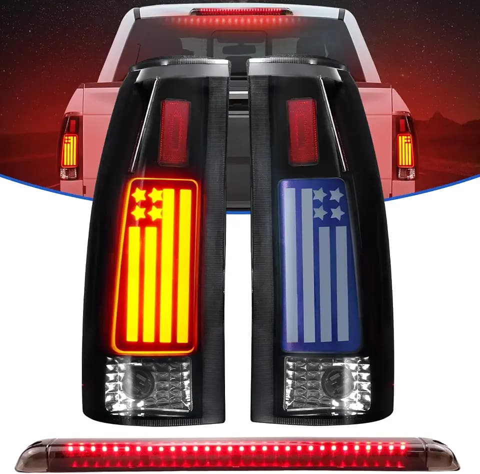 LED Tail Lights + 3rd Brake Light Fit for Chevy/for GMC C/K 1500 2500 Suburban 1992-1999, for Tahoe 1995-1999, for Yukon 1992-1999 ,High Mount Stop Light Rear LED Taillight Assembly(Smoke Lens)