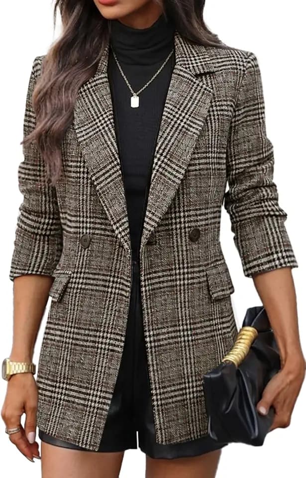 ELLEVEN Houndstooth Plaid Double-Breasted Tweed Blazers for Women