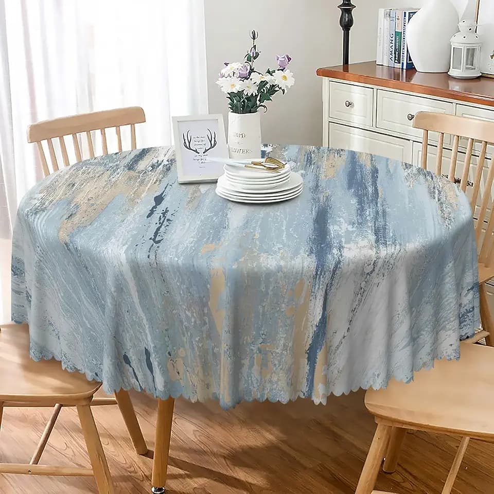 Modern Aesthetic Stripe Round Tablecloth 70 Inch Gray Blue Brown Contemporary Abstract Painting Fabric Table Cloth Waterproof and Stain Resistant Table Cover for Kitchen Dining Room Home Decor