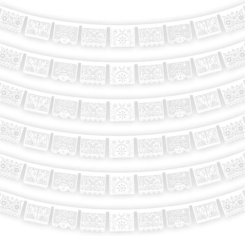 White Papel Picado Banner - 6 Packs 108Ft Plastic Mexican Wedding Decor, Fiesta Party Decorations for Cinco de Mayo, Baby Shower, Dia de Los Muertos, Cielito Lindo Theme, All White Party Decor