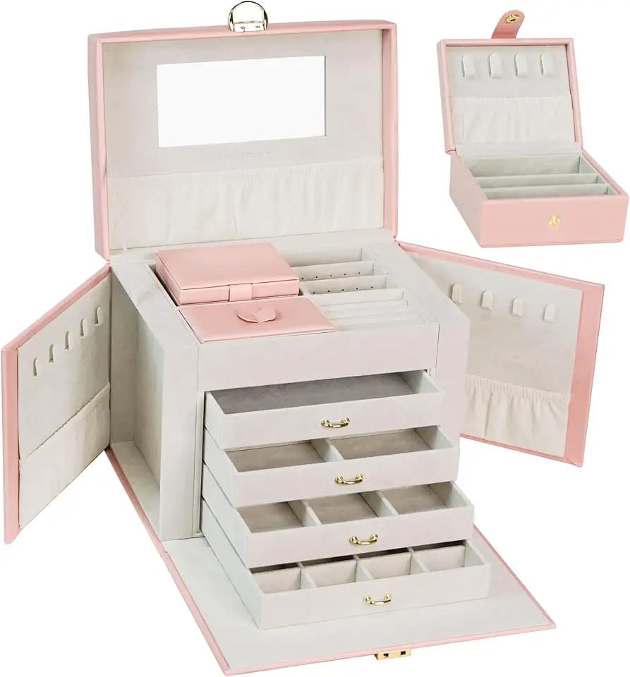 ADEL DREAM Schmuckkasten Schmuckkoffer groß abschließbar 5 Ebenen mit 5 Schubladen mit Spiegel für Ringe Ohrringe Halsketten und Armbänder elegant und klassisch Rosa3