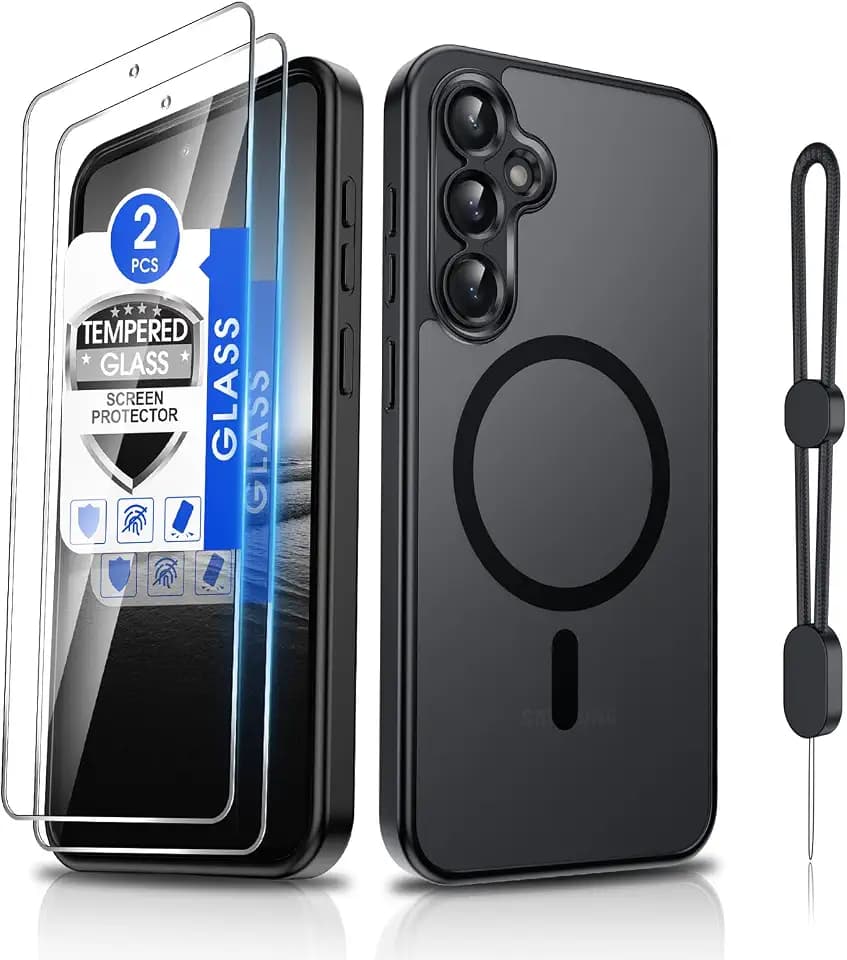 Dizn Magnetic for Samsung Galaxy S23 FE Case:[𝐍𝐨𝐭 𝐅𝐢𝐭 𝐒𝟐𝟑]with Tempered Glass Screen Protector,Strap,Fit for MagSafe,Matte Translucent Cover,Military Shockproof Protective S23 FE (6.4"),Black