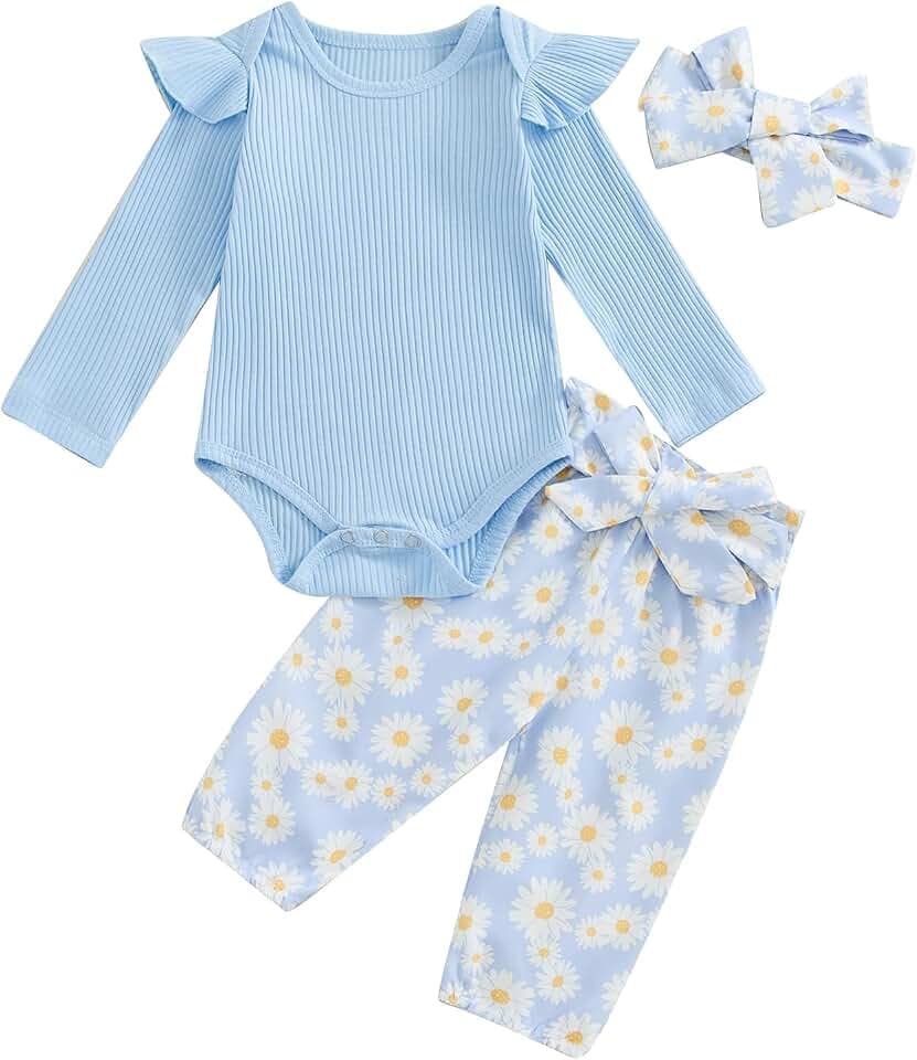 Geagodelia Neugeborenes Baby Mädchen Frühling Herbst Outfit Kleidung Langarm Gerippt Strampler Top Gänseblümchen Blumen Hose Stirnband Set