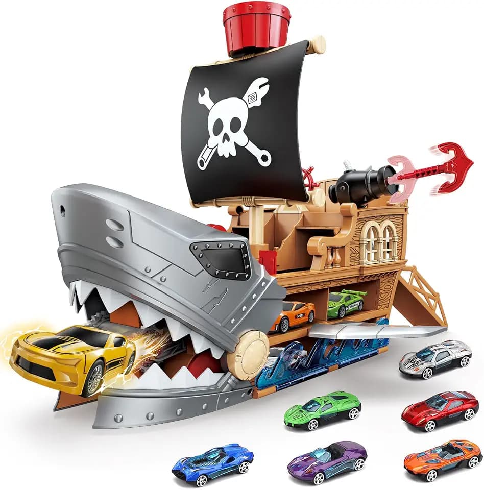 Shark Pirate Ship Toy Car Playset with Car-Swallowing Play Mode