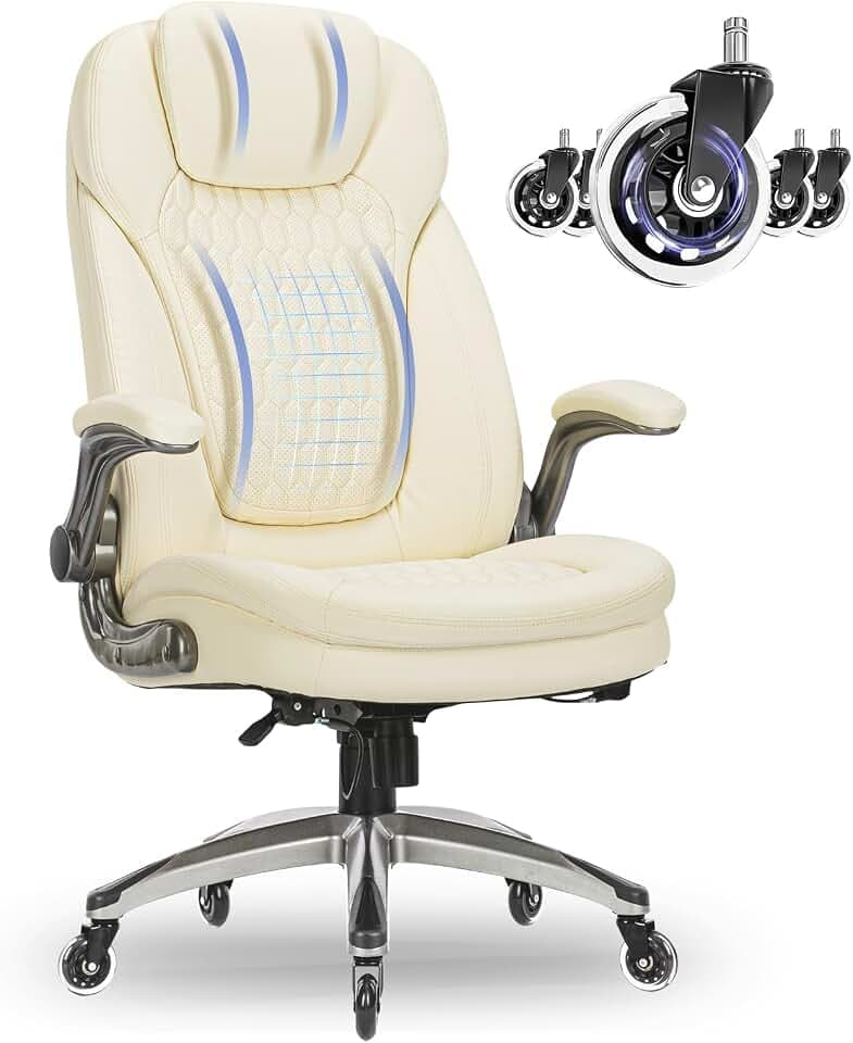 COLAMY Chefsessel aus Atmungsaktivem Leder – Ergonomischer Bürostuhl mit Taschenfederkern-Sitzkissen, Flip-up-Armlehnen& Leisen Rollen für Homeoffice und Büro, Elfenbein