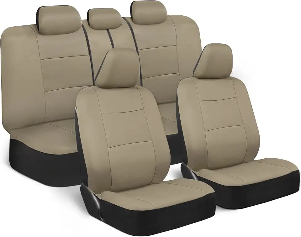 BDK PolyPro Car Seat Covers Full Set in Solid Beige, Front and Rear Split Bench Seat Covers for Cars, Easy to Install Car Seats Cover Set and Accessories for Auto Trucks Van SUV - Solid Beige