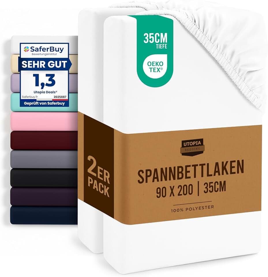Utopia Bedding - 2er Set Spannbettlaken 90x200cm - Weiß