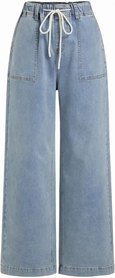 CIDER Womens Drawstring Baggy Wide Leg Jeans with Deep Pockets