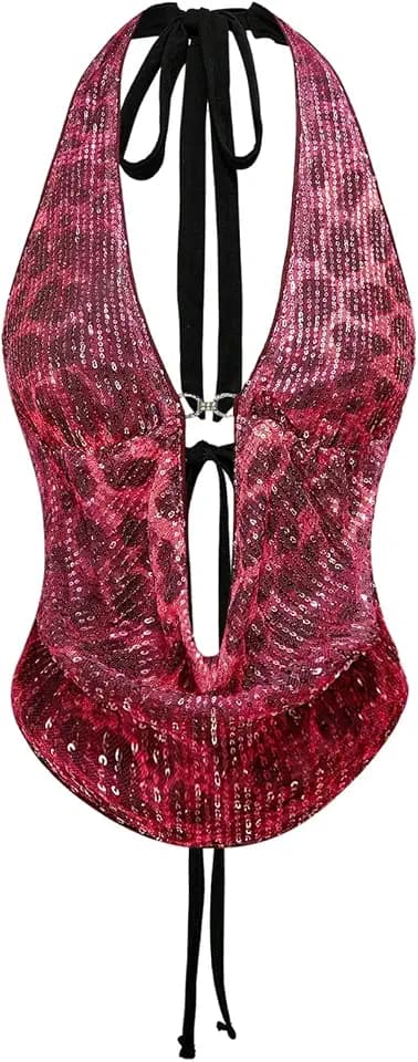Verdusa Women's Y2K Sequin Cheetah Print Top Halter Going Out Outfits