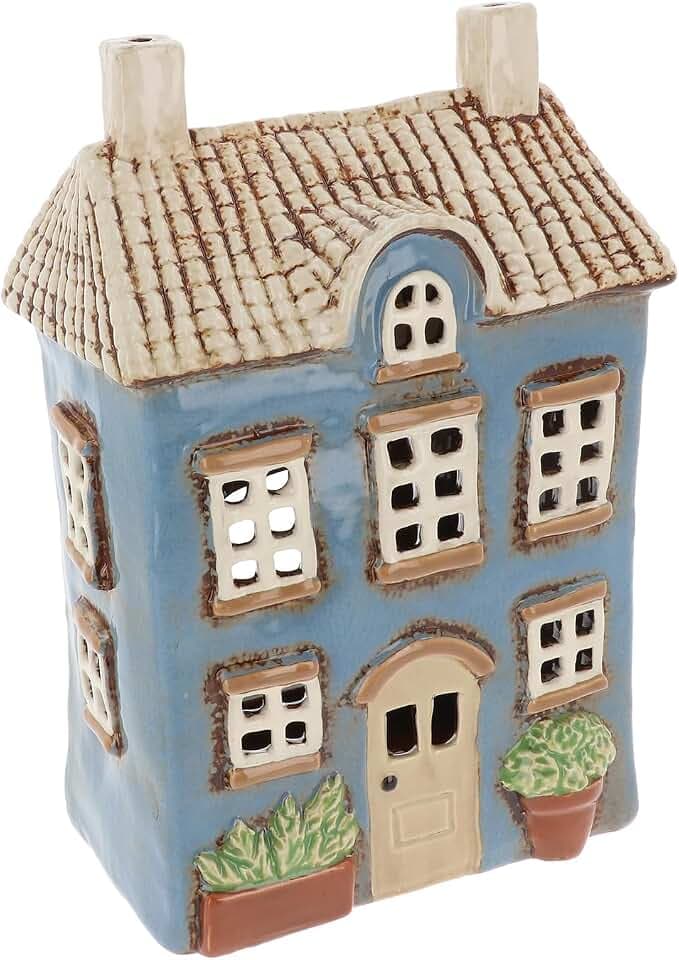 Shudehill Giftware Village Pottery Keramik-Teelichthalter, hübscher Garten, Blumenhaus-Kollektion, Grau, Blau, Gelb, Creme (Garten Hellblau)