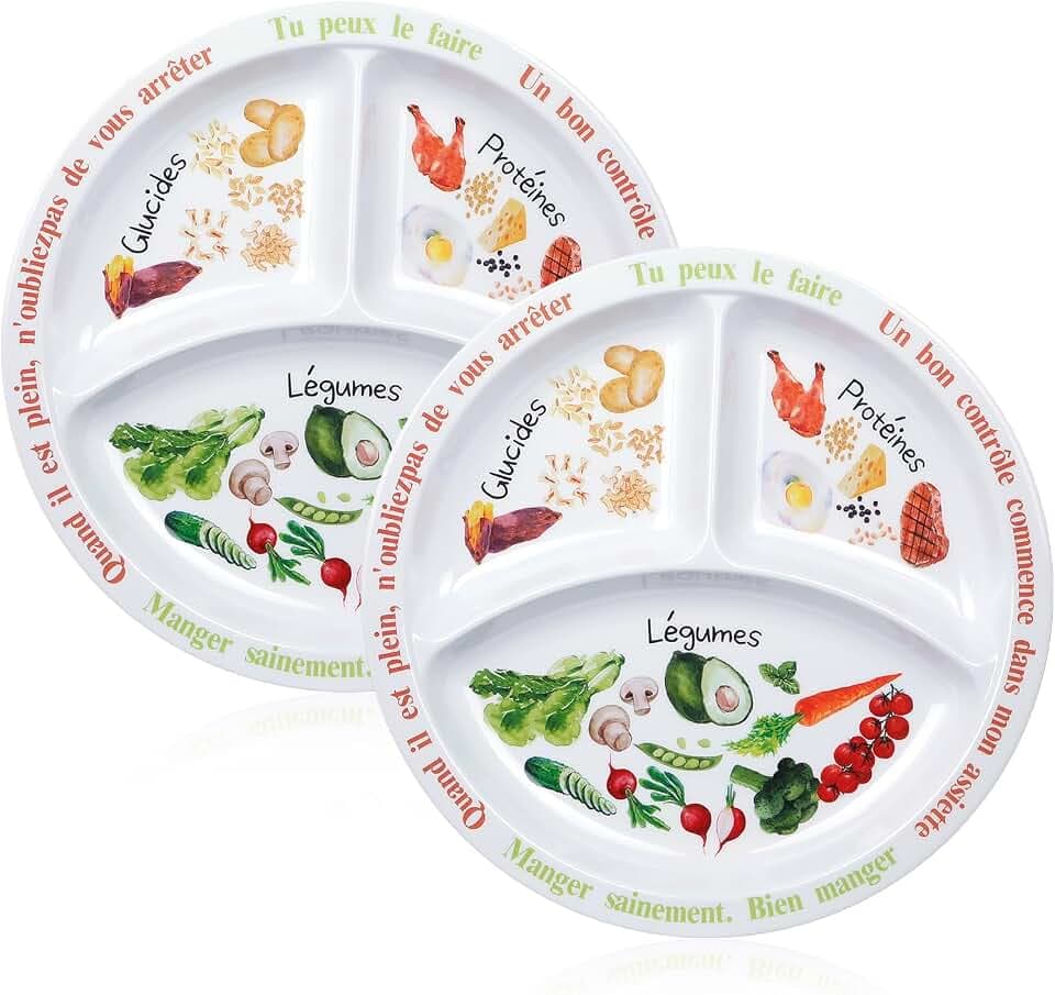 Portionskontrollteller für ausgewogene Ernährung – Teller mit gesunder Ernährung für Erwachsene und Jugendliche – Melamin-Unterteilungen, Gewichtsverlust, Diabetesteller（Französischer Text） (2)