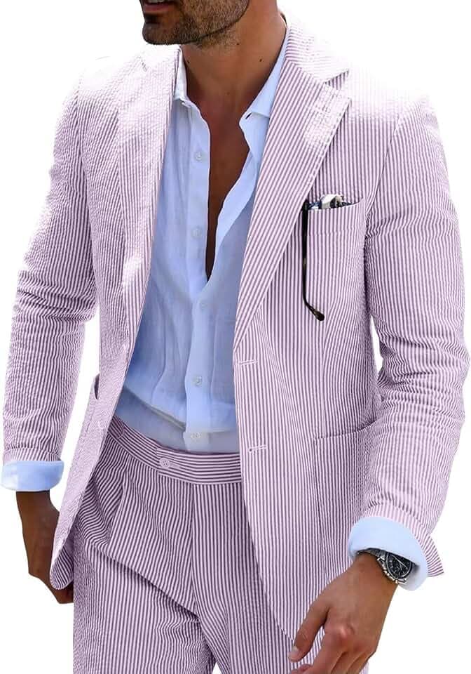 Mens Summer Seersucker Suits Grooms 2 Piece Striped Suit for Men