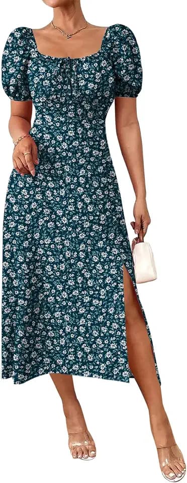 SPRIME Women's Floral Summer Casual Dress Square Neck Puff Sleeve Boho Midi Dresses Ruched Bust High Waist Split Long Dress