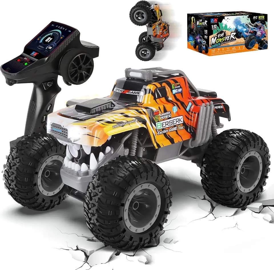 Charmofun Monstertruck Ferngesteuert 1:12, Ferngesteuerter Monstertruck mit Aufrecht Gehen und 360°Drehung, 2,4GHz 30 KM/H Ferngesteuertes Auto Monster Truck mit Sprühnebel Musik und Lichtern
