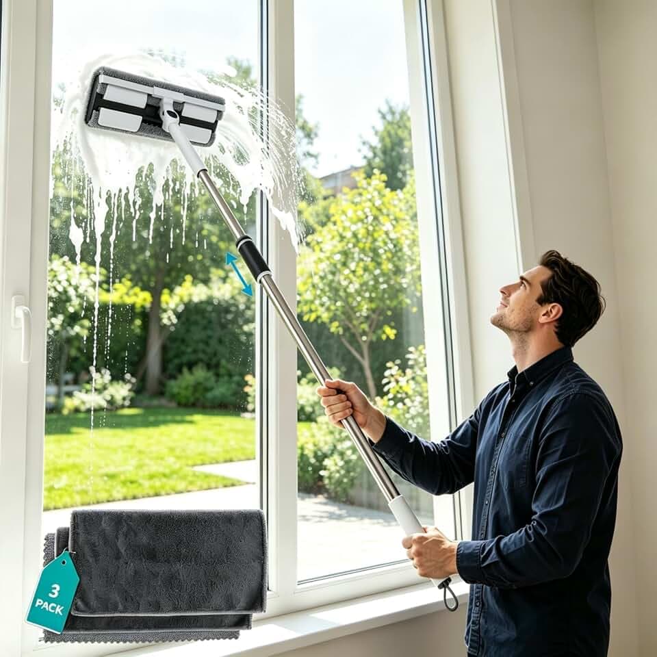 Fensterabzieher mit 1,4m Teleskopstange & 3 Mikrofaser Tücher, streifenfrei