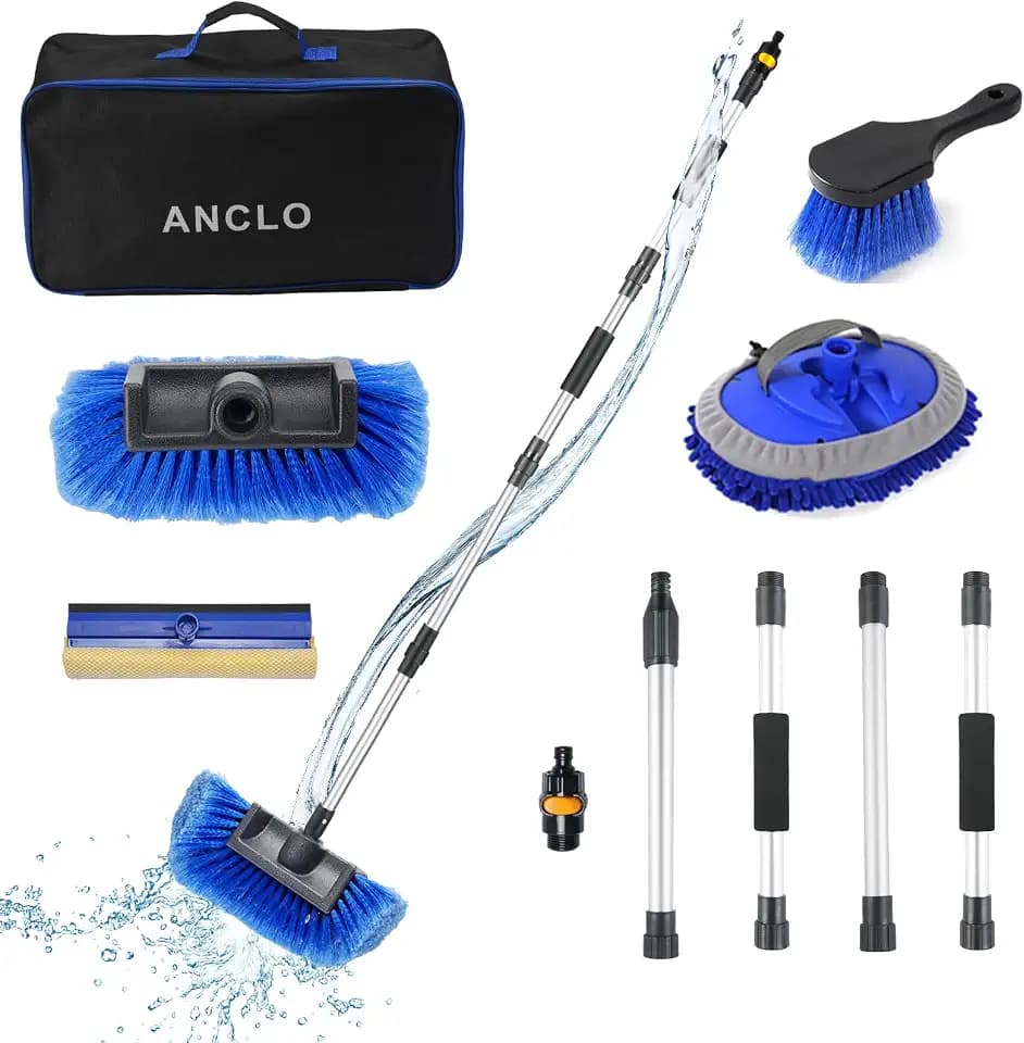 64'' Car Wash Brush with Long Handle, RV Flow-Through Wash Brush with Adjustable Handle, Anti-Scratch Plus Size Soft Car Wash Brush Mop with Hose Attachment Car Wash Kit for SUV RV Truck Boat
