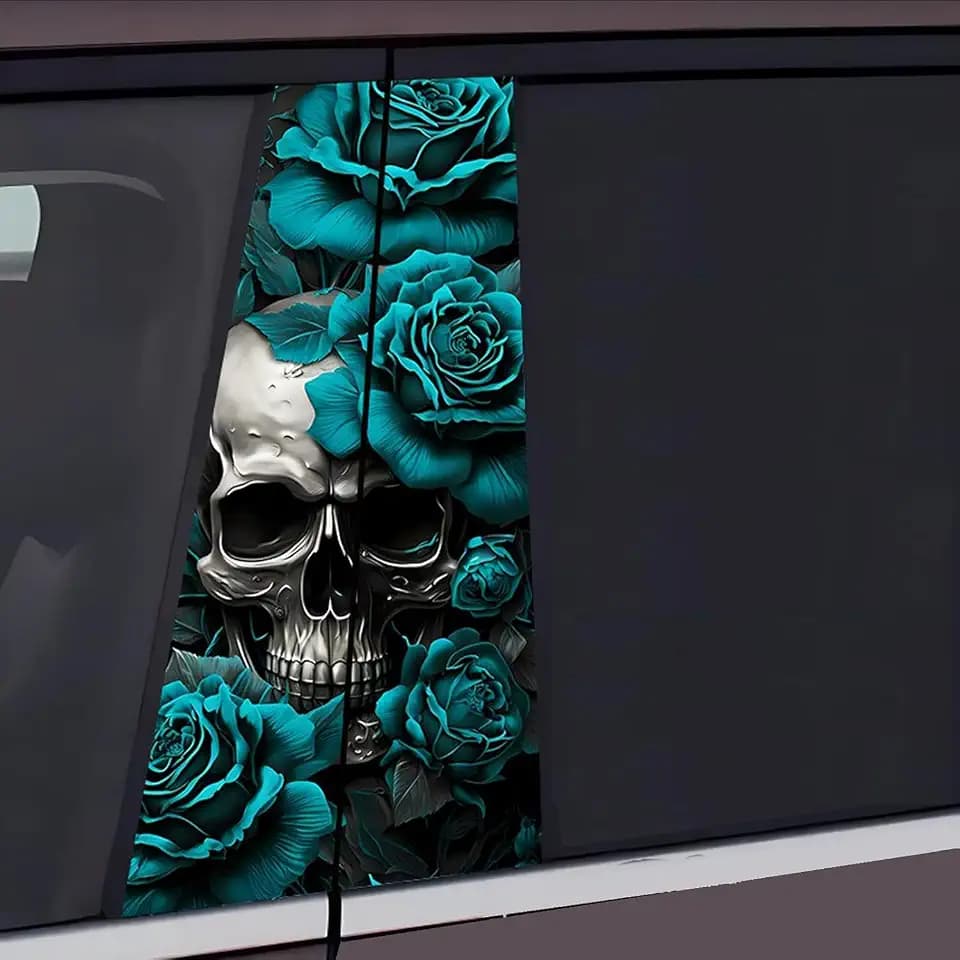 Blueshyhall 2PCS Car B-Pillar Vinyl Decals, Skull Skeleton Personalized Vehicle Door Pillar Sticker, Waterproof Sun Protection Scratch Cover