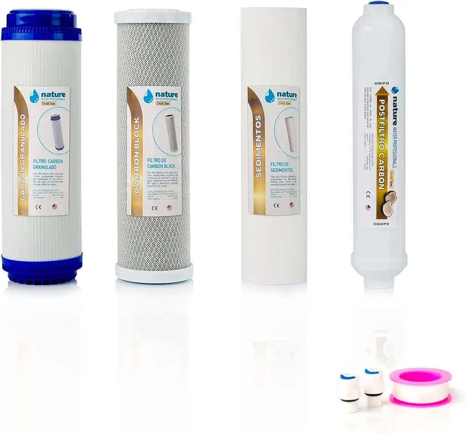 NATURE WATER PROFESSIONALS 4 Stück Gold Line Wasserfilter für Umkehrosmose – Ersatzteile für 5-Stufen-Geräte – 2 Anschlüsse und Teflonrolle