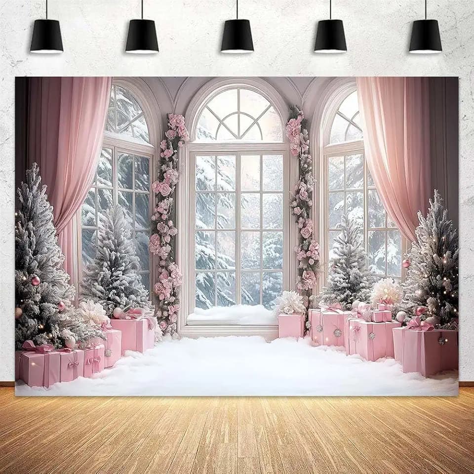 10X8ft Christmas Backdrop Pink Dreamy Winter Photography Background, Romantic Winter Snow Backdrop Decor Family Party Birthday Party Decorations Photo Studio Props, Pink-4