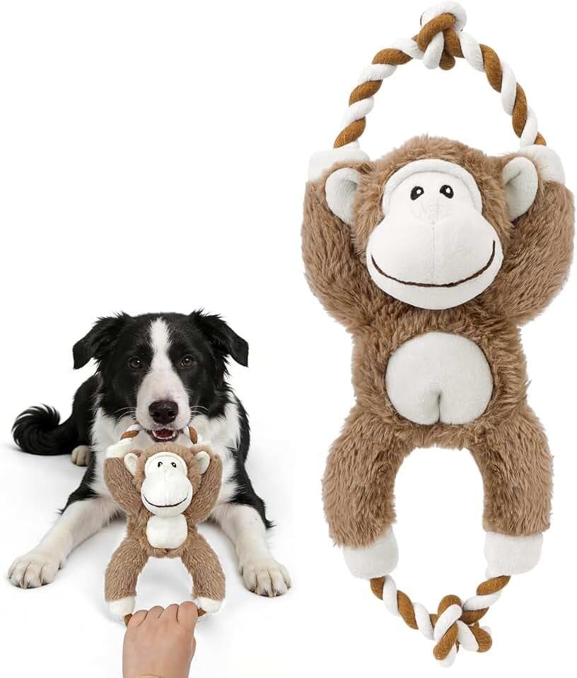 Squeaky Dog Plush Toys No Stuffing Interactive Puppy Chew Toys to Keep Them Busy, Durable Tug of War Dog Toys for Small, Medium and Large Breed - Monkey