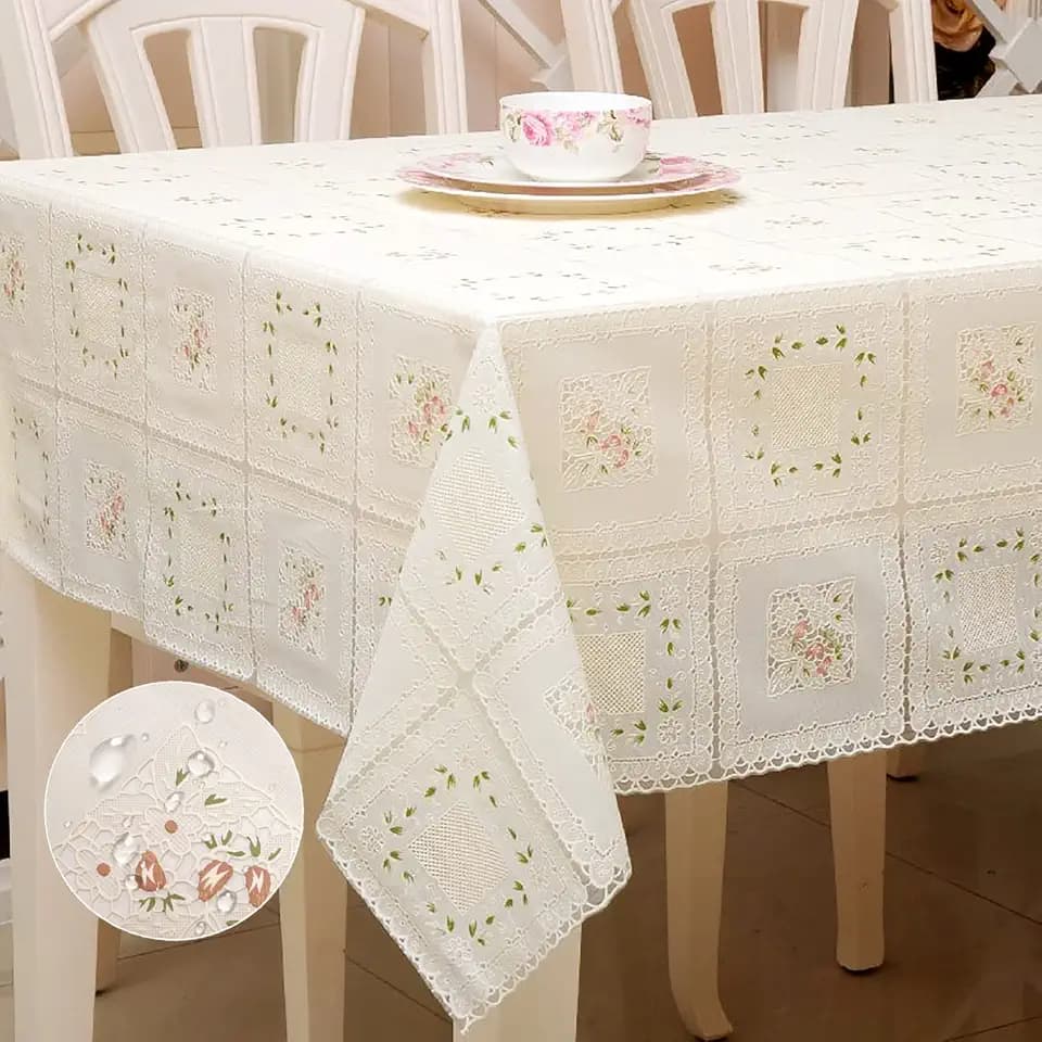 Waterproof OilProof Vinyl Table Cover, Plastic Lace Tablecloth for Rectangle Table, Textured Home Decor for Parties, Dining, Kitchen, Outdoor