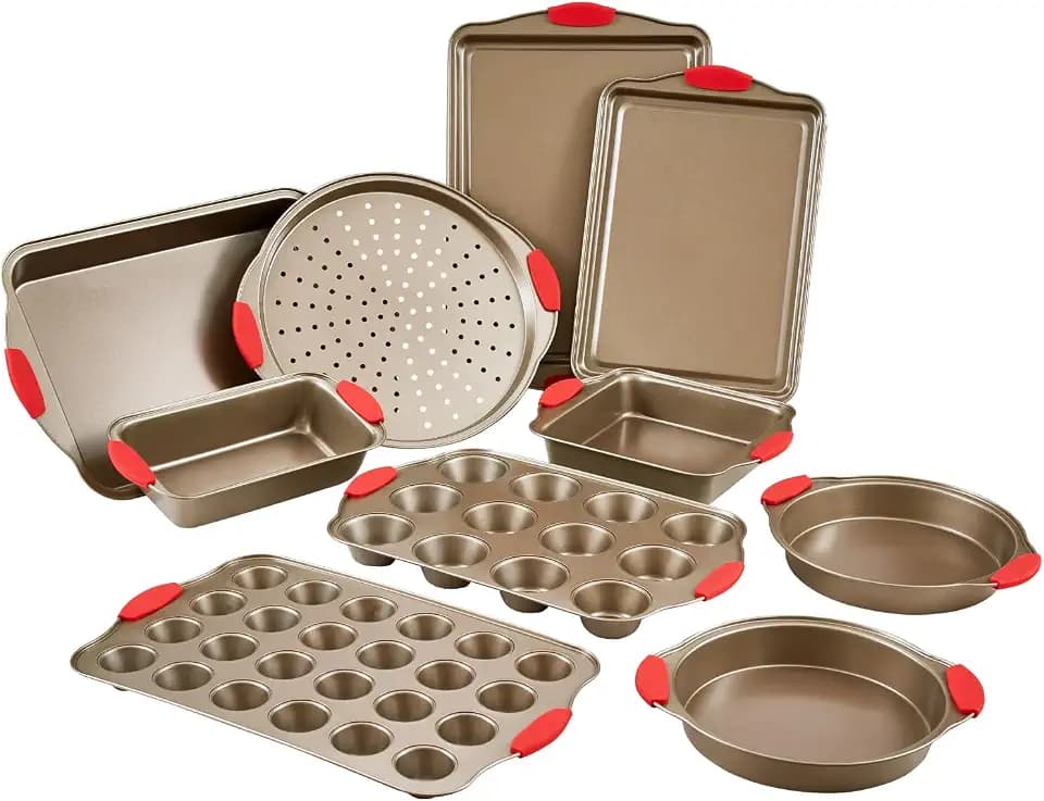 VEVOR Backformen-Set 10-tlg. antihaftbeschichtete Kochgeschirrplatten und -bleche aus Karbonstahl, Backgeschirr-Kochsets für den Küchenofen mit Silikongriffen, für Keksen Kuchen Muffins Brot Golden