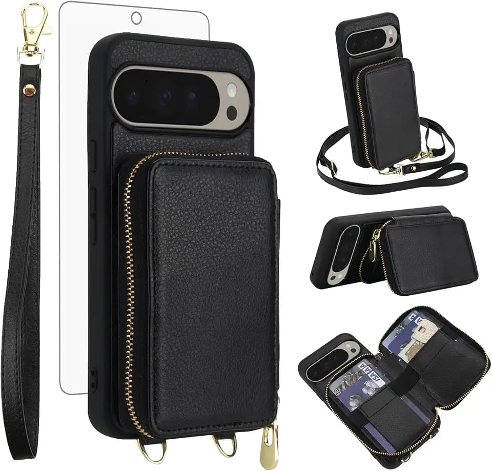 Phone Case for Google Pixel 9 Pro XL Wallet Cell Cover with Tempered Glass Screen Protector Crossbody Strap Lanyard Stand RFID Blocking Credit Card Holder Pixel9 9Pro 9ProXL Nine Women Men Girls Black