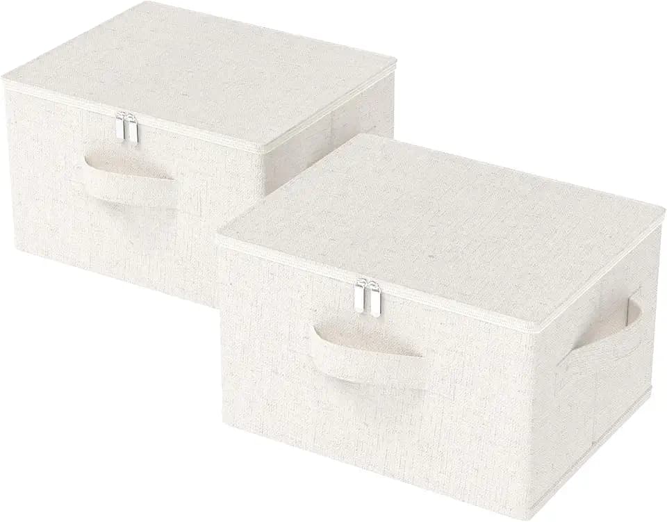 Waschbare Stoff Aufbewahrungsbox mit Griff,50x40x30cm,Beige,2 Stück | Faltbarer Aufbewahrungskörbe,Kleidung Organizer Box,Unterbettkommoden mit Griff,Ordnungsboxen für Kissen Bettdecken