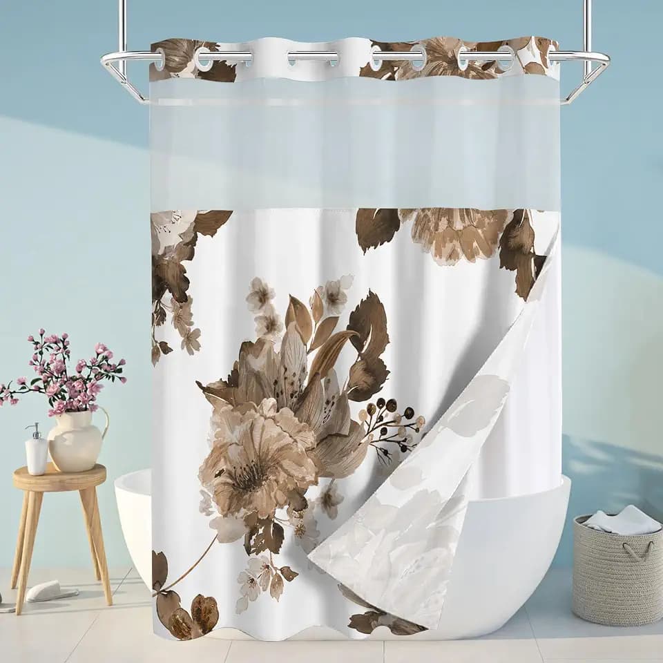 No Hook Shower Curtain and Liner Set, Brown Floral 71x77