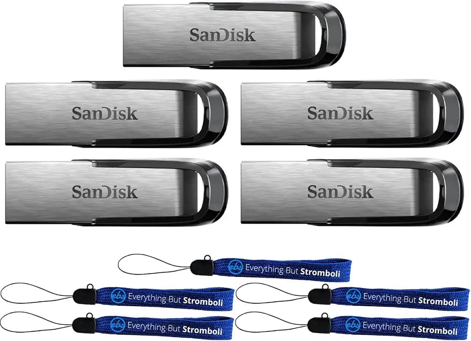 SanDisk (5 Pack) Ultra Flair USB Type A 32GB 3.0 Flash Drive Compatible with Laptops and Personal Computers -SDCZ73-032G-G46- Bundle with (5) Everything But Stromboli Lanyards