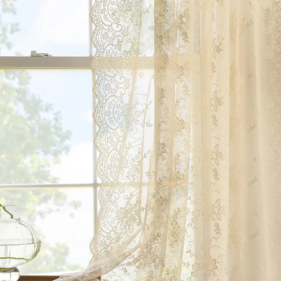Kotile Beige Lace Curtains for Bedroom Rustic Floral 52x63 Inch, 2 Panels