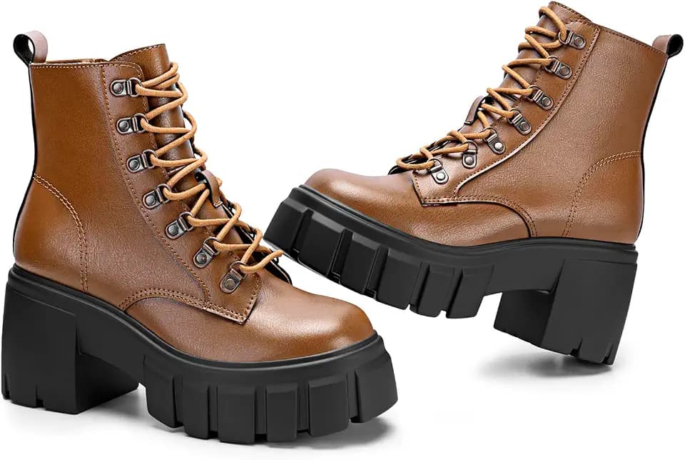 FITORY Womens Combat Boots Ankle Booties Lace up High Heel Chunky Platform